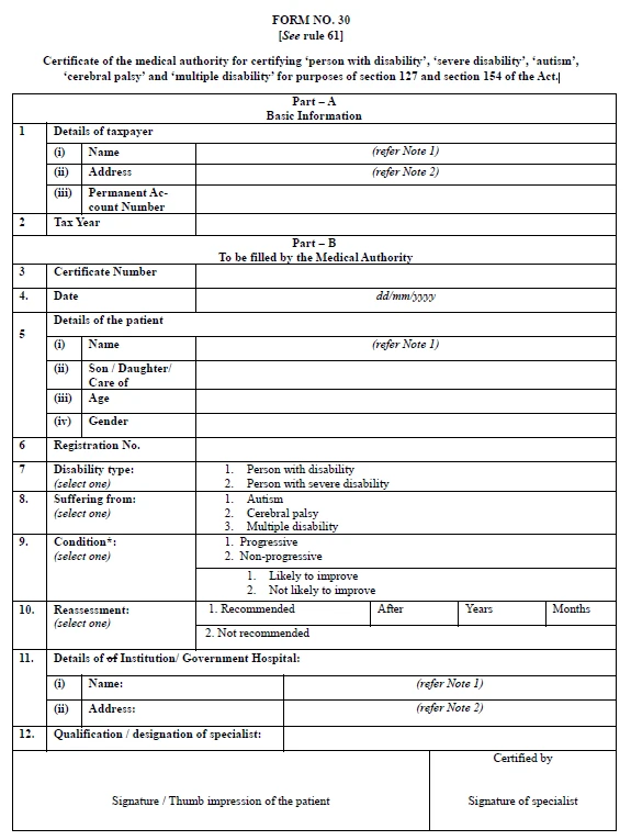 form 30 income tax certificate for disability tax deduction